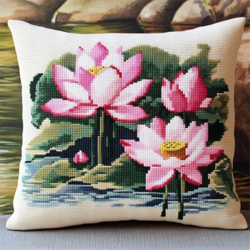 Kreuzstich Kissen Kits für Erwachsene Kinder Anfänger Rosa Lotus Blumen Advanced Kissenbezug Kissenbezug Teppich 45x45 DIY Handarbeit Stickerei Kits Handgemachtes Set Craft Sofa Home Decor, Doppel von HURCP