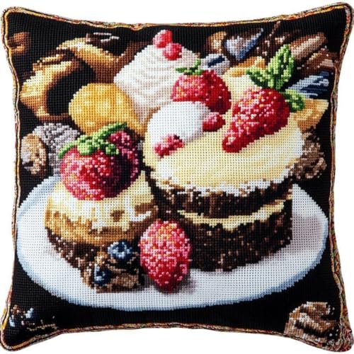 Kreuzstich Kissen Kits für Erwachsene Kinder Anfänger Schokolade Erdbeerkuchen Advanced Kissenbezug Kissenbezug Teppich 45x45 DIY Handarbeit Stickerei Kits Handgemachtes Set Handwerk Sofa Wohnkultur, von HURCP