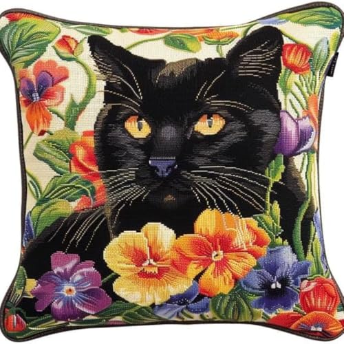 Kreuzstich Kissen Kits für Erwachsene Kinder Anfänger Schwarze Katze Blume Cluster Advanced Kissenbezug Kissenbezug Teppich 45x45 DIY Handarbeit Stickerei Kits Handgemachtes Set Handwerk Sofa Wohnkult von HURCP