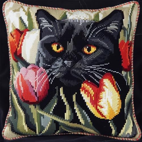 Kreuzstich Kissen Kits für Erwachsene Kinder Anfänger Schwarze Katze Tulpe Advanced Kissenbezug Kissenbezug Teppich 45x45 DIY Handarbeit Stickerei Kits Handgemachtes Set Handwerk Sofa Wohnkultur, Sing von HURCP