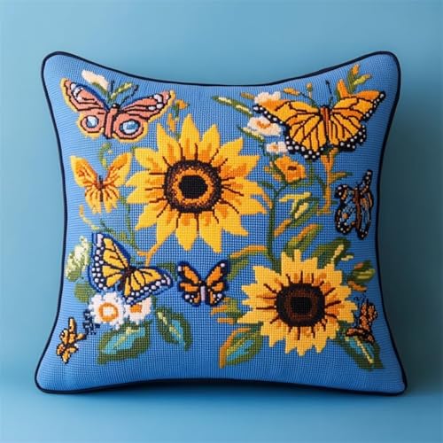 Kreuzstich Kissen Kits für Erwachsene Kinder Anfänger Sonnenblume Schmetterling Advanced Kissenbezug Kissenbezug Teppich 45x45 DIY Handarbeit Stickerei Kits Handgemachtes Set Handwerk Sofa Wohnkultur, von HURCP