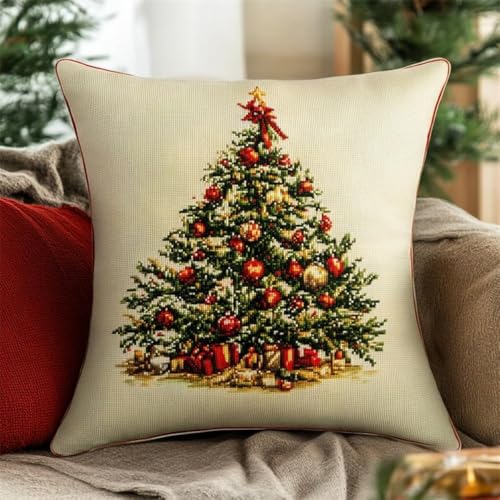 Kreuzstich Kissen Kits für Erwachsene Kinder Anfänger Weihnachtsbaum Geschenk Advanced Kissenbezug Kissenbezug Teppich 45x45 DIY Handarbeit Stickerei Kits Handgemachtes Set Handwerk Sofa Wohnkultur, D von HURCP