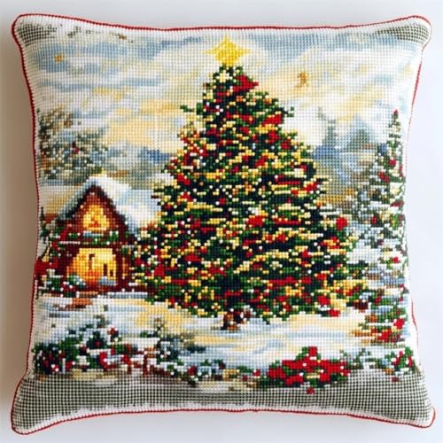 Kreuzstich Kissen-Kits für Erwachsene Kinder Anfänger Weihnachtsbaum Kabine Advanced Kissenbezug Kissenbezug Teppich 45x45 DIY Handarbeit Stickerei Kits Handgemachtes Set Handwerk Sofa Wohnkultur, Sin von HURCP