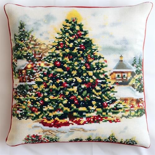 Kreuzstich Kissen-Kits für Erwachsene Kinder Anfänger Weihnachtsbaum Kabine Fortgeschrittene Kissenbezug Kissenbezug Teppich 45x45 DIY Handarbeit Stickerei Kits Handgemachtes Set Handwerk Sofa Wohnkul von HURCP