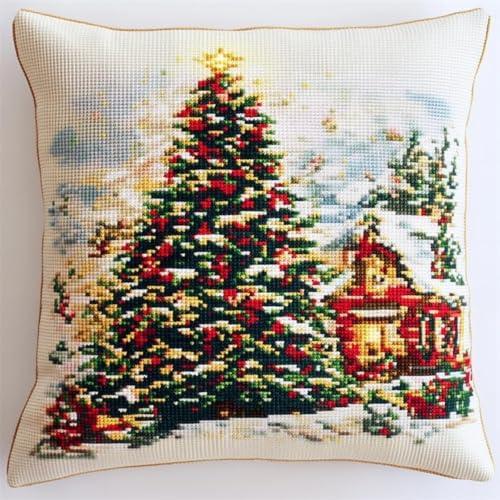 Kreuzstich Kissen-Kits für Erwachsene Kinder Anfänger Weihnachtsbaum Kabine Fortgeschrittene Kissenbezug Kissenbezug Teppich 45x45 DIY Handarbeit Stickerei Kits Handgemachtes Set Handwerk Sofa Wohnkul von HURCP