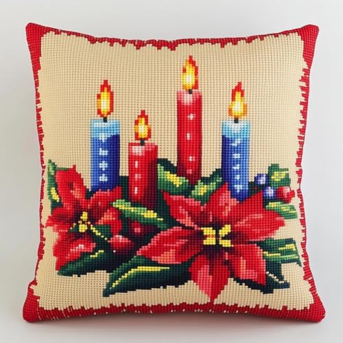 Kreuzstich Kissen Kits für Erwachsene Kinder Anfänger Weihnachtskerzen Blume Advanced Kissenbezug Kissenbezug Teppich 45x45 DIY Handarbeit Stickerei Kits Handgemachtes Set Handwerk Sofa Wohnkultur, Do von HURCP