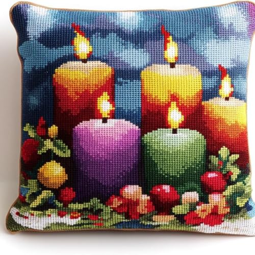 Kreuzstich Kissen Kits für Erwachsene Kinder Anfänger Weihnachtskerzen Blume Advanced Kissenbezug Kissenbezug Teppich 45x45 DIY Handarbeit Stickerei Kits Handgemachtes Set Handwerk Sofa Wohnkultur, Si von HURCP