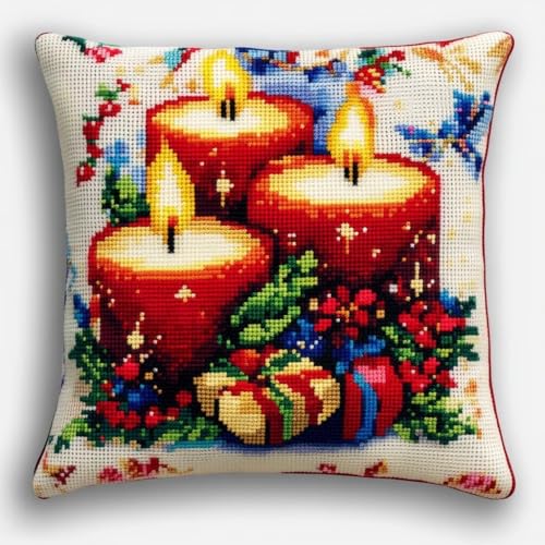 Kreuzstich Kissen Kits für Erwachsene Kinder Anfänger Weihnachtskerzen Blume Advanced Kissenbezug Kissenbezug Teppich 45x45 DIY Handarbeit Stickerei Kits Handgemachtes Set Handwerk Sofa Wohnkultur, Do von HURCP