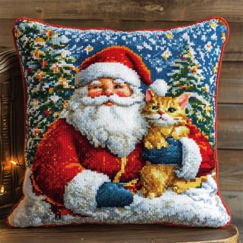 Kreuzstich Kissen-Kits für Erwachsene Kinder Anfänger Weihnachtsmann Ingwer Katze Advanced Kissenbezug Kissenbezug Teppich 45x45 DIY Handarbeit Stickerei Kits Handgemachtes Set Handwerk Sofa Wohnkultu von HURCP