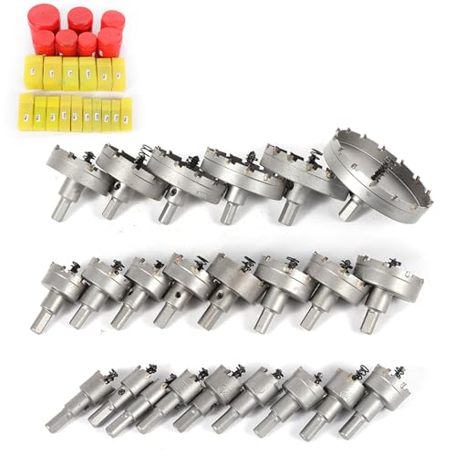 HUSPOO 23 Stück Lochsäge Hartmetall Set, Edelstahl Hartmetall Kreisschneider 16-100mm Bohrkrone Set Kernbohrer, TCT Lochsäge Hartmetall-Bohrer Set für Edelstahl Eisen Kupfer von HUSPOO