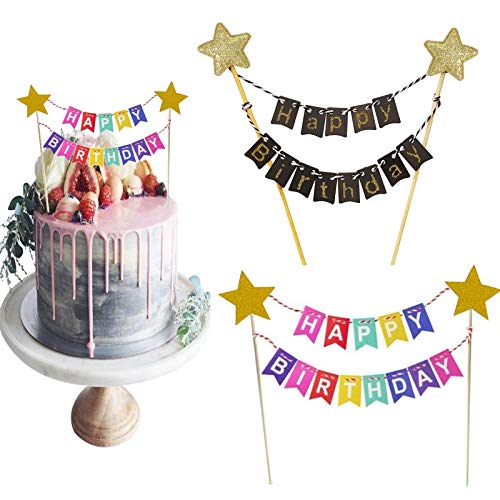 HUSZZM 2 Stück Wimpelkette Torten Topper Wimpelkette Happy Birthday Tortendeko Geburtstag Kuchengirlande Cake Topper für Kinder Mädchen Jungen Party Hochzeit Schwarz Gold Bunt Torten Dekoration von HUSZZM