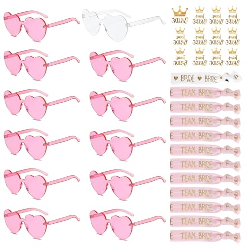 HUSZZM 36 Stück Jungesellinnenabschied Frau Accessoires 12PCS JGA Brille Team Herz Sonnenbrille Partybrillen 12PCS Team Braut Armbänder 12PCS Bride Tattoo Aufkleber JGA Deko Accessoires(Rosa) von HUSZZM