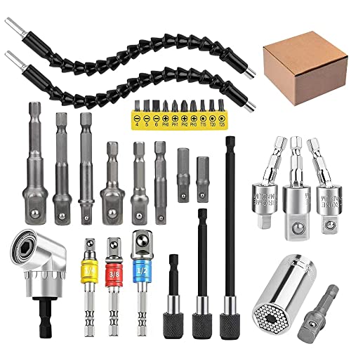 32pcs flexibler Bohrer-Erweiterungssatz, drehbarer Gelenk-Sockel 1/4 3/8 1/2 Zoll-Hex-Sockel-Adapter, 105°Rechteck-Bohrer-Attachmens, biegbare Bohrer-Verlängerungs-Schraubendreher-Kit (Silbrig) von HUTHUHNHN