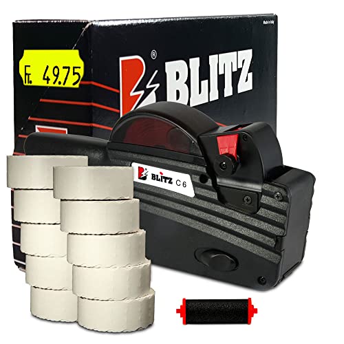 Preisauszeichner Set Blitz C6 inkl. 10 Rollen 26x12 Preisetiketten - leucht-gelb permanent + 1 Farbrolle | Preisauszeichnungsgerät | HUTNER von HUTNER