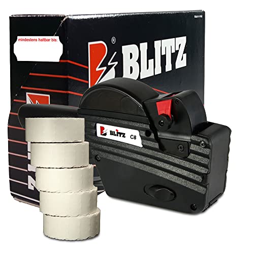 Preisauszeichner Set Blitz C8 inkl. 5 Rollen 26x12 Preisetiketten - weiß Tiefkühl | Aufdruck: mindestens haltbar bis | HUTNER von HUTNER