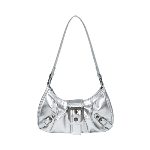 Halbmond-Tasche Für Frauen Frauen Umhängetasche PU Leder Halbmond Tasche Plissee Unterarm Geldbörse Magnetverschluss Zipper Clutch Geldbörse Reise Pendler Tasche Für Tägliche Reisen, Partys(Silver) von HUWOYG