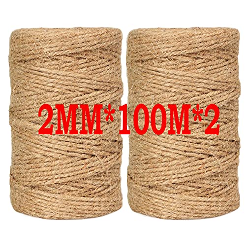 Natur Juteschnur Kordel, 2mm x 100m*2pcs Juteseil, Reißfest Juteschnur braun, Hanfseil für DIY Kunstgewerbe Gartenschnur, Paketschnur, Sisalseil für Kratzbaum, Fotowand Bilderrahmen mit Schnur von HUYIYI