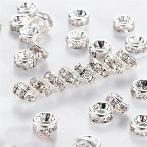 100 Stück 6/8 mm silber-goldfarbene Strass-Rondellen, Kristallperlen, lose Abstandsperlen für die Herstellung von DIY-Schmuck, Zubehör, Zubehör, 6 mm Silber von HUYTUY