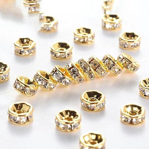 100 Stück 6/8 mm silber-goldfarbene Strass-Rondellen, Kristallperlen, lose Abstandsperlen zur Herstellung von DIY-Schmuck, Zubehör, Zubehör, 6 mm Gold von HUYTUY