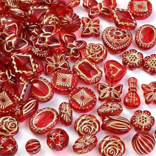 8–20 mm, exquisite Acryl-Gold-Zeichnung, Herz-Blumen-Anhänger, smaragdfarbene Barockperlen für Halsketten, Armbänder, DIY-Schmuckherstellung, rot, 30 g von HUYTUY