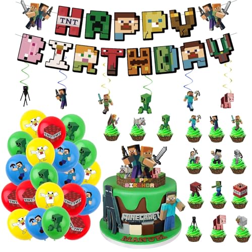 47stk Geburtstagsdeko Jungen Mädchen 2-12 Jahre Miner Gamer Luftballons Geburtstag Deko Set Miner Gamer Geburtstag Tortendeko Happy Birthday Girlande Kuchen Muffin Topper Kindergeburtstag Party Deko von HVIERO