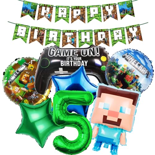 8 Stk Geburtstagsdeko Jungen 5 Jahre Miner Gamer Anime Cartoon Kindergeburtstag Luftballons Geburtstag Deko Set Happy Birthday Girlande Kinder Grün Blau Banner Helium Folienballon Partyzubehör Deko von HVIERO