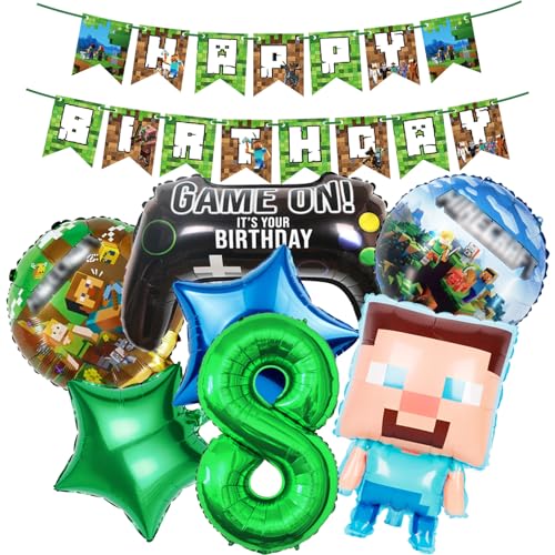 8 Stk Geburtstagsdeko Jungen 8 Jahre Miner Gamer Anime Cartoon Kindergeburtstag Luftballons Geburtstag Deko Set Happy Birthday Girlande Kinder Grün Blau Banner Helium Folienballon Partyzubehör Deko von HVIERO