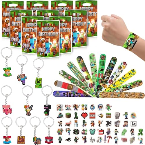 82 Stück Mitgebsel Kindergeburtstag Gastgeschenke Jungen Set Anime Miner Gamer Give Aways Geschenktüten Kindergeburtstag Schlüsselanhänger Cartoon Schnapparmband Kinder Sticker Party Aufkleber Deko von HVIERO