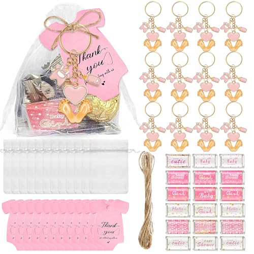 HVRFJXI 6/20pcs Baby Feet Keychains Metall Schlüsselbund Set Mit Wickelaufkleber Kordelstring Tasche Und Danke Etikett Für Babypartys von HVRFJXI