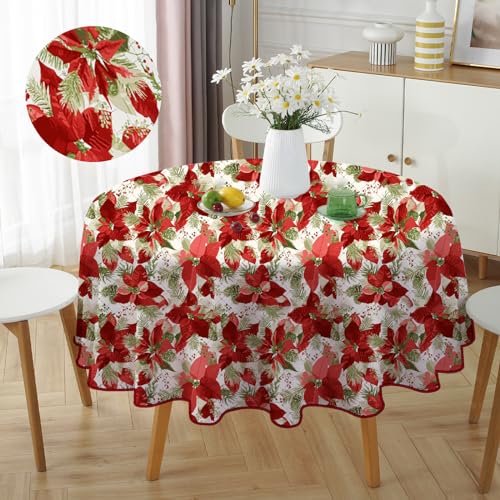 HW CASA Runde Weihnachtstischdecke 140 × 140 cm, Dekoration für Weihnachten und Neujahr Party, Urlaub, hochauflösender Druck, gratis 4 Klammern für Tischdecke (rote Weihnachtsblume) von HW CASA