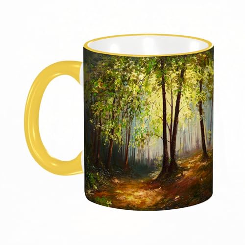 HWFOI Bedruckte Tasse Kinder Geschenk für Jungen & Mädchen Kaffeetasse Teetasse aus Keramik 330 ml,Natur, Wald Baum in Erde Farbe Effekte Frühling Wald Werke gemalt d,Gelb von HWFOI