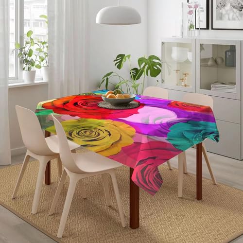 HWFOI Tischdecke Abwaschbar Rechteckig Fleckschutz Tischwäsche Wasserdicht Tischtuch Esszimmer,Küche,Garten,Party,Dekorativ, Rosendekorationen, Verschiedene Moderne Pop-Art-Bunte Rosen-Hint,152x228cm von HWFOI