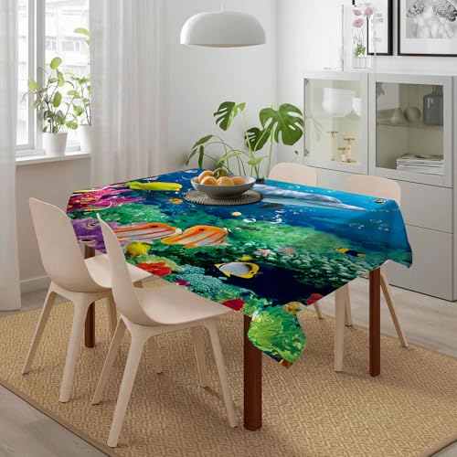 HWFOI Tischdecke Abwaschbar Rechteckig Fleckschutz Tischwäsche Wasserdicht Tischtuch Esszimmer,Küche,Garten,Party,Delphinkoralle Bunte Fische unter dem Meer,152x228cm von HWFOI