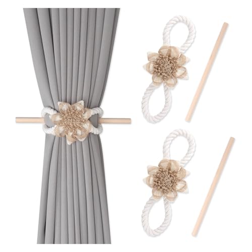 HWJFDC Verdrehte Gardinenhalter 2 Paar Blumen-Holzstäbchen, Vorhang-Bindeseil, Schnallen-Clip, Schlafzimmer, hängende Vorhanghalter, Raffhalter, Vorhang-Zubehör, Heimdekoration(Cotton Rope A) von HWJFDC