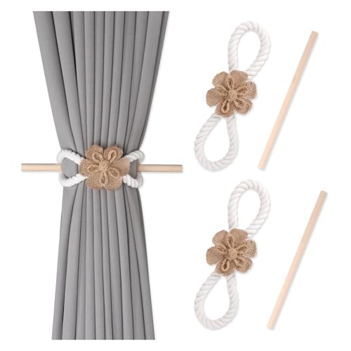 HWJFDC Verdrehte Gardinenhalter 2 Paar Blumen-Holzstäbchen, Vorhang-Bindeseil, Schnallen-Clip, Schlafzimmer, hängende Vorhanghalter, Raffhalter, Vorhang-Zubehör, Heimdekoration(Cotton Rope B) von HWJFDC