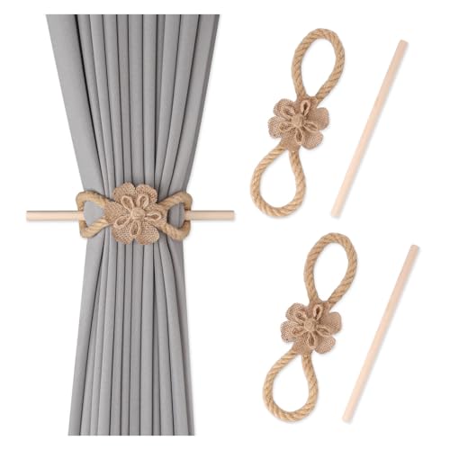 HWJFDC Verdrehte Gardinenhalter 2 Paar Blumen-Holzstäbchen, Vorhang-Bindeseil, Schnallen-Clip, Schlafzimmer, hängende Vorhanghalter, Raffhalter, Vorhang-Zubehör, Heimdekoration(Hemp Rope B) von HWJFDC