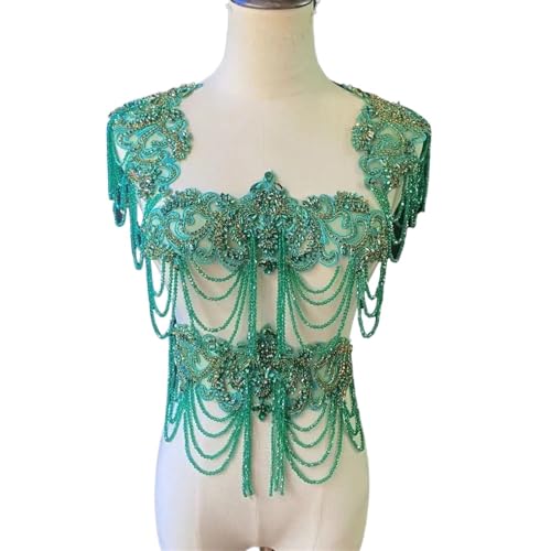 Green Rhinestone Tassel Chains Applique Fringe Bodice Patch for Neckline,Shoulder Dress,Colorful Clothing Decor Sew-on(Pink,2 pieces) von HWLAI