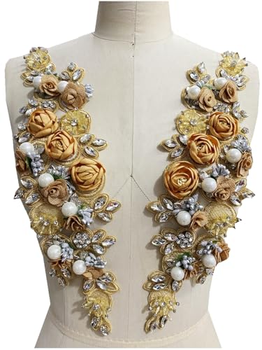 Strapazierfähige Perlenstickerei, handgenähte Strass-3D-Blumen-Applikationen, Spitzen-Blumen-Accessoires, luxuriöse Kleidung, Bohrflicken, 4,13 x 15,35 Zoll(Champagne) von HWLAI