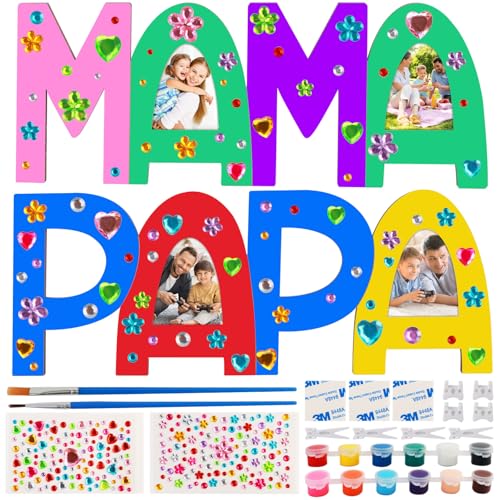 HWMYTOP PAPA MAMA Geschenk, 2 Stück Papa und Mama Holzbuchstaben Bastelset, Bilderrahmen Geschenk Holzbuchstaben, Bringen Sie Farben und Pinsel mit, lieben Sie Aufkleber, Geschenke für Mama und Papa von HWMYTOP