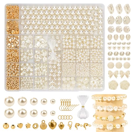 HWMYTOP Weiße Perlen zum Auffädeln Süßwasserperlen zum Schmuck Set Making Bracelet Kit, Geformte Kunstperlen für DIY SchmuckherstellungArmbänder Selber Machen Perlenkette Charm Kit von HWMYTOP