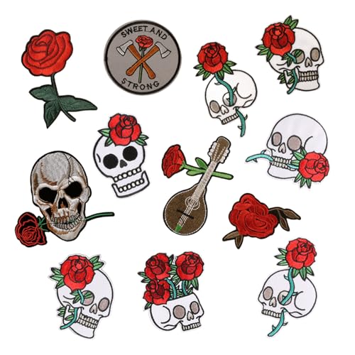 12 bestickte Totenkopf-Rosen, zum Aufbügeln, Horror-Totenkopf-Applikationen, Hotmelt-Stickerei-Aufnäher, Punk-Rock-Aufnäher für Kleidung, Jacken, Jeans, Hut, Rucksack (B & E) von HWOLPEMS