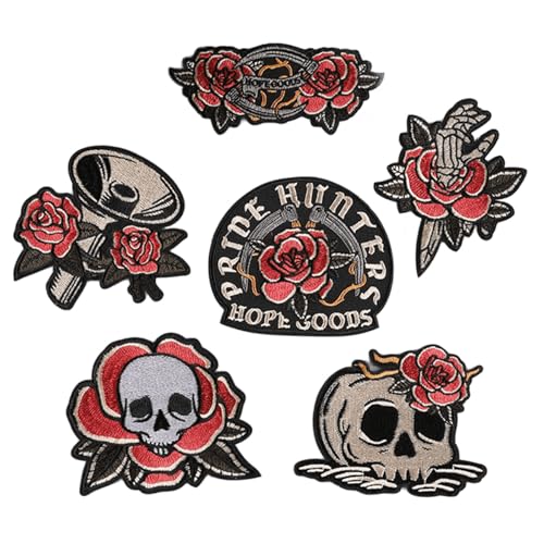 6 bestickte Totenkopf-Rose, zum Aufbügeln, Horror-Totenkopf-Applikationen, Hotmelt-Stickerei-Aufnäher, Punk-Aufnäher für Kleidung, Jacken, Jeans, Hut, Rucksack (A) von HWOLPEMS