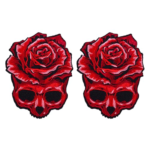 Aufnäher zum Aufbügeln, Totenkopf-Rose, bestickt, Punk-Rock, Hip-Hop, zum Aufnähen für Kleidung, Jacken, Jeans, Hut, Rucksack, 2 Stück von HWOLPEMS