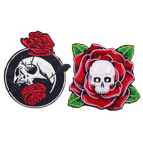 Aufnäher zum Aufbügeln, Totenkopf-Rosen, bestickt, Punk-Rock, Hip-Hop, zum Aufnähen, für Hüte, Denimjacken, Jeans, Rucksack, 2 Stück von HWOLPEMS