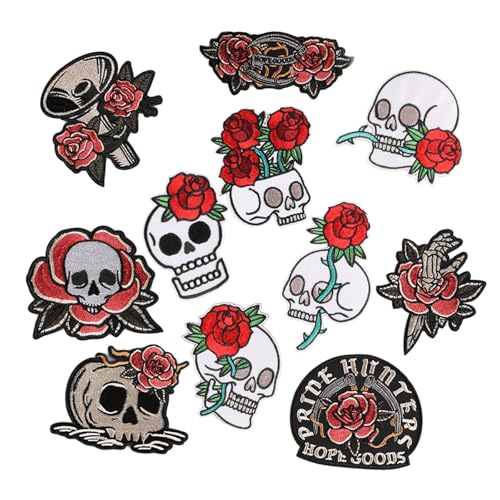 Bestickte Totenkopf-Rose, zum Aufbügeln, Horrorschädel rote Rose, Applikationen, Hot Melt Stickerei Patch, Punk Aufnäher zum Aufnähen für Kleidung, Jacken, Jeans, Hut, Rucksack (A & B) von HWOLPEMS