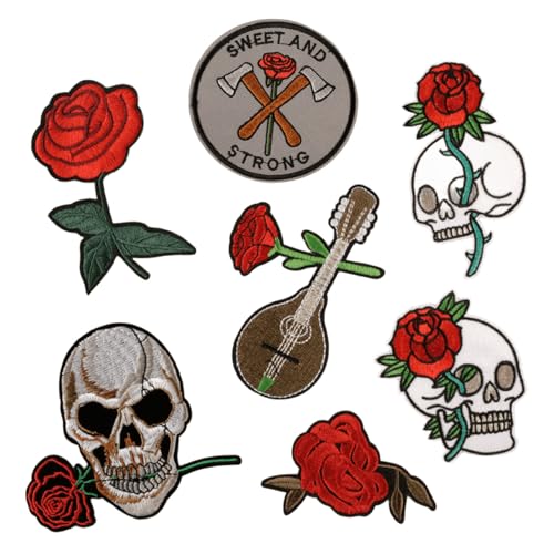 Bestickter Totenkopf-Rose-Aufnäher zum Aufbügeln, Horror-Totenkopf-Applikationen, Hotmelt-Stickerei-Aufnäher, Punk-Rock, zum Aufnähen für Kleidung, Jacken, Jeans, Hut, Rucksack, 7 Stück (E) von HWOLPEMS