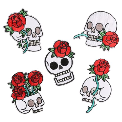 Bestickter Totenkopf-Rosen-Aufnäher zum Aufbügeln, Horrorschädel mit roter Rose, Hot Melt Stickerei-Aufnäher, Punk-Aufnäher für Kleidung, Jacken, Jeans, Hut, Rucksack (B) von HWOLPEMS