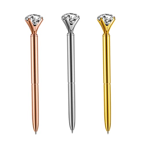 HWXZUUO 3 PCs künstlicher Kristall Diamant Pen Eleganter Kugelschreiber Metallic-Kugelstifte Roségold mit großem Diamant/Kristall, grünes Gold/Silber-Bürozubehör- Pen von HWXZUUO