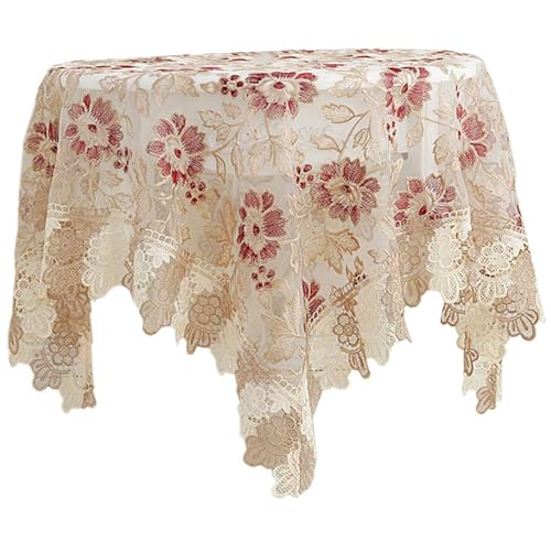 HWXZUUO Round Tablecloth Embroidery Square Floral Round Table Cloth with Lace Trim Oilproof Heat & Scratch Resistant Polyester Coffee Table Cloth for Home, Hotel, Restaurant Decor Round Table Cloth von HWXZUUO