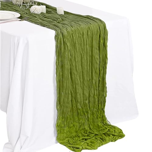 Olivengrüner Tischläufer, 10ft Green Cheeseclot Tischläufer, Plissee Style Gaze Tischläufer, Boho -Tischläufer für Hochzeitsbrautbabyparty -Dekor, Olivengrün -Tischläufer von HWXZUUO